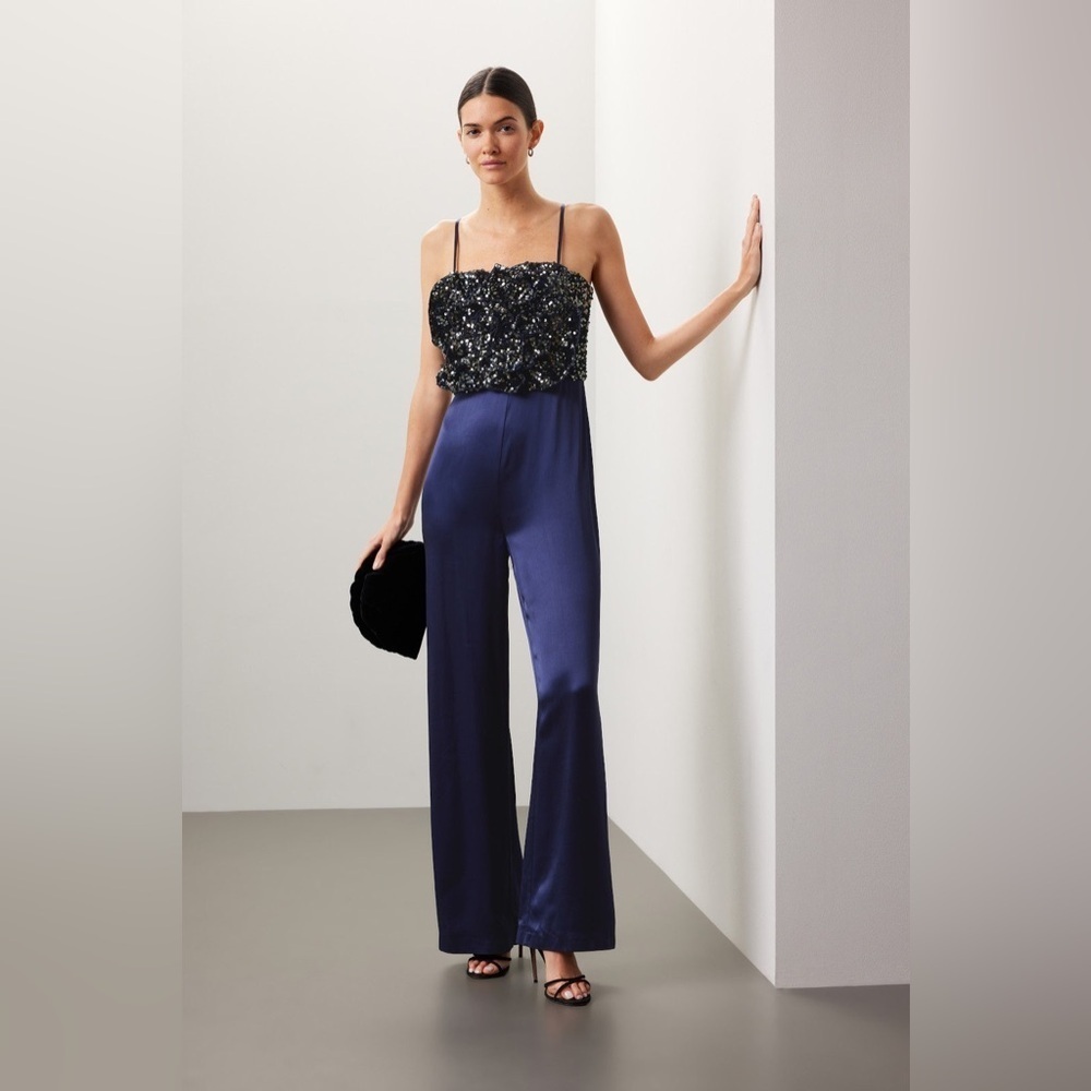 Badgley Mischka Sequin Navy Jumpsuit. NWOT!